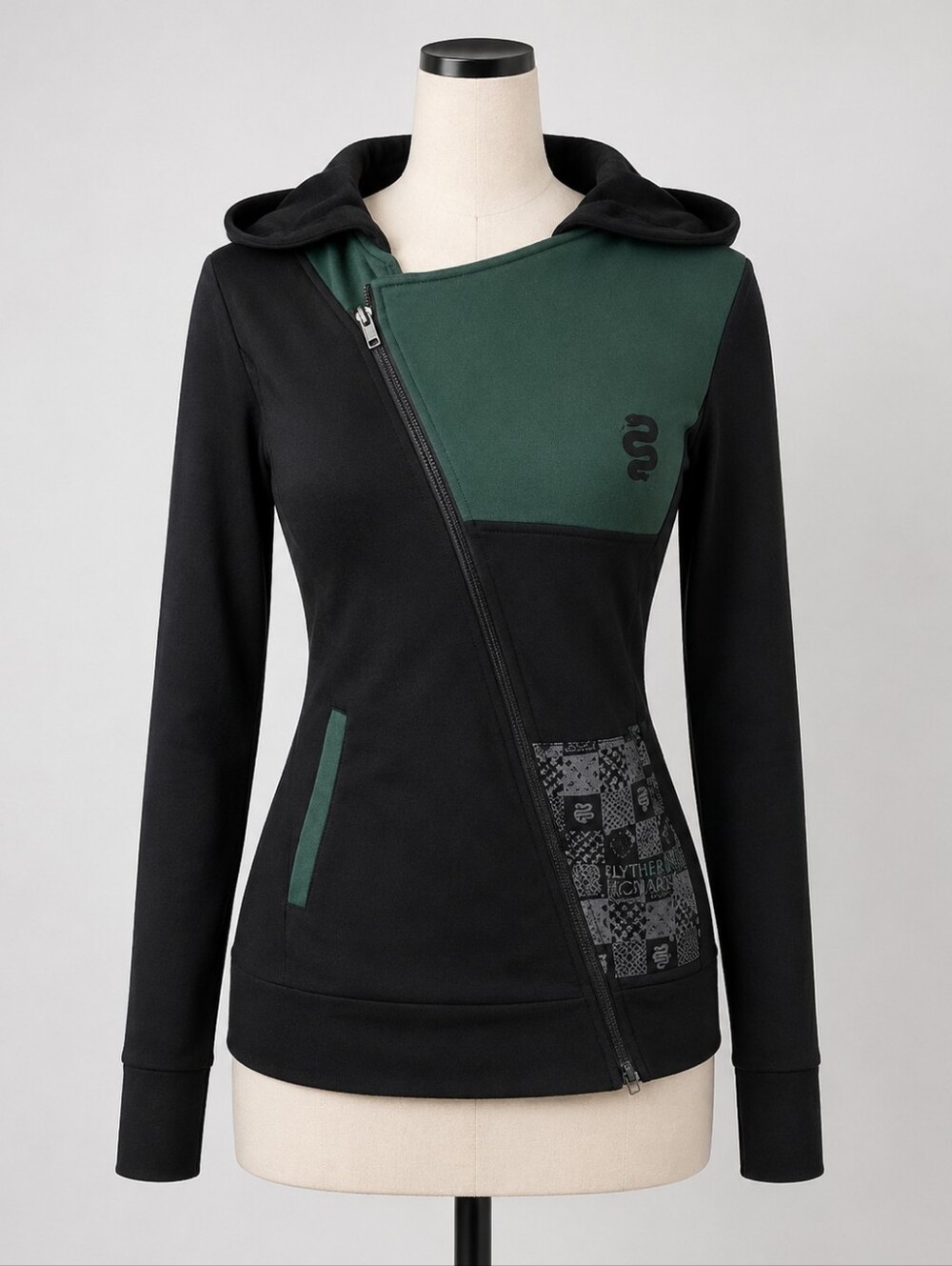 Black and Green Asymmetrical Zip Slytherin Hoodie